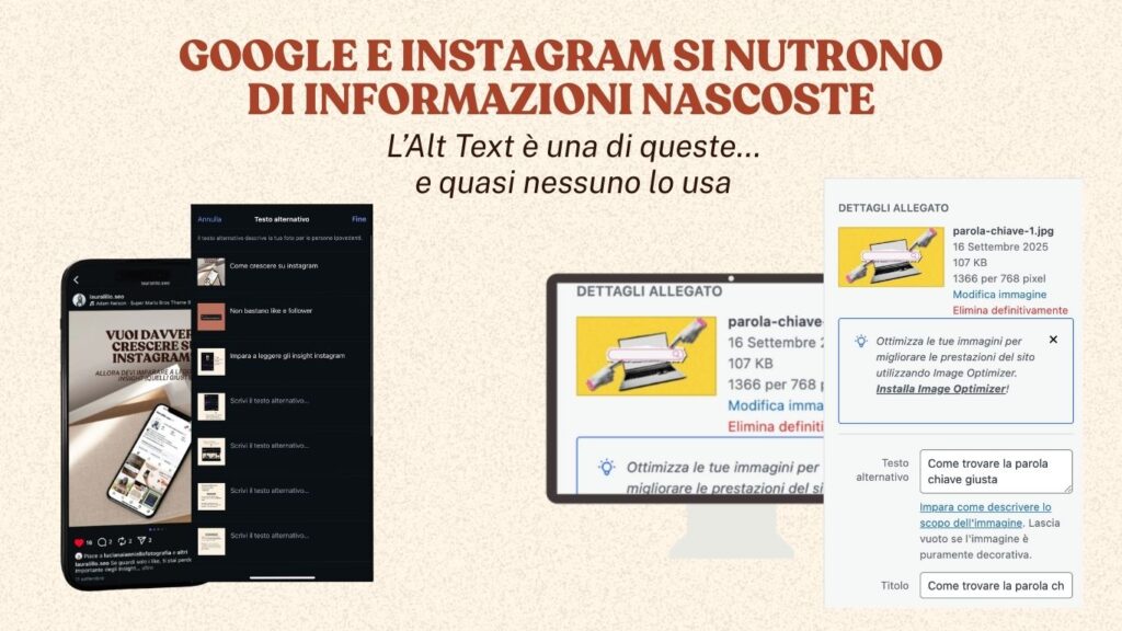 infografica con mockup di un pc e uno smartphone in cui si vede dove inserire l'alt text